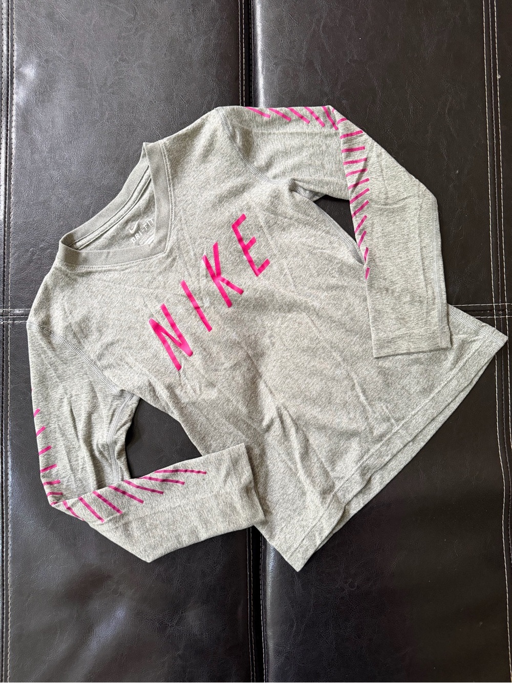 Nike - Girl’s Gray Long Sleeve Tee with Hot Pink Logo and Sleeve Accents